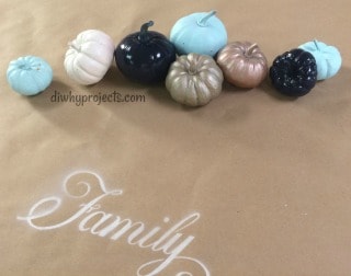 Fall Table Decor Painted Pumpkins and Stenciled Table Runner