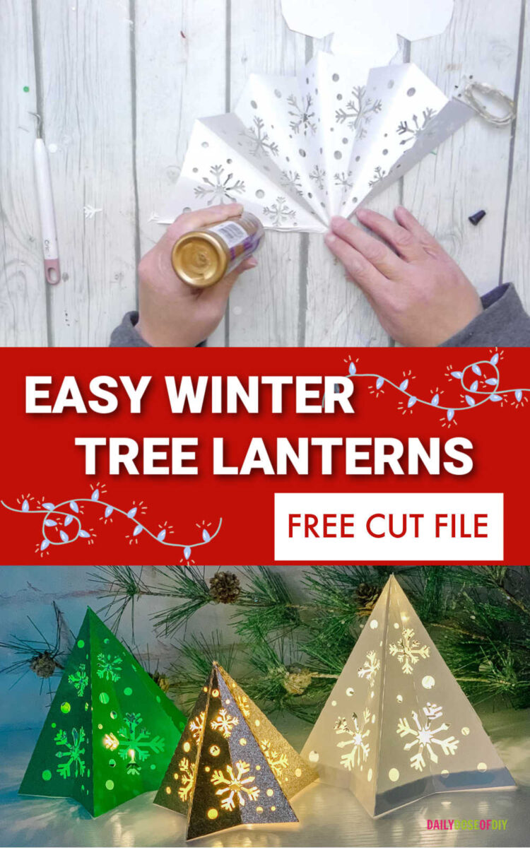 Pinterest pin showing a winter tree lantern being made and the completed winter trees lit up with snowflake cutouts.  The text reads : Easy Winter Tree Lanterns - Free Cut File