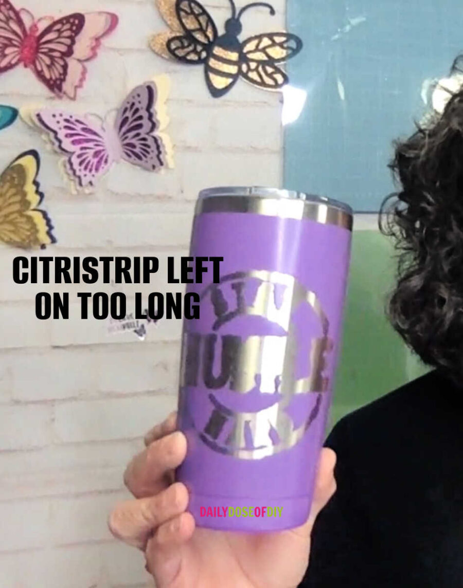 Citristrip tumbler where the citristrip was left on too long and the design area bled and looks bad