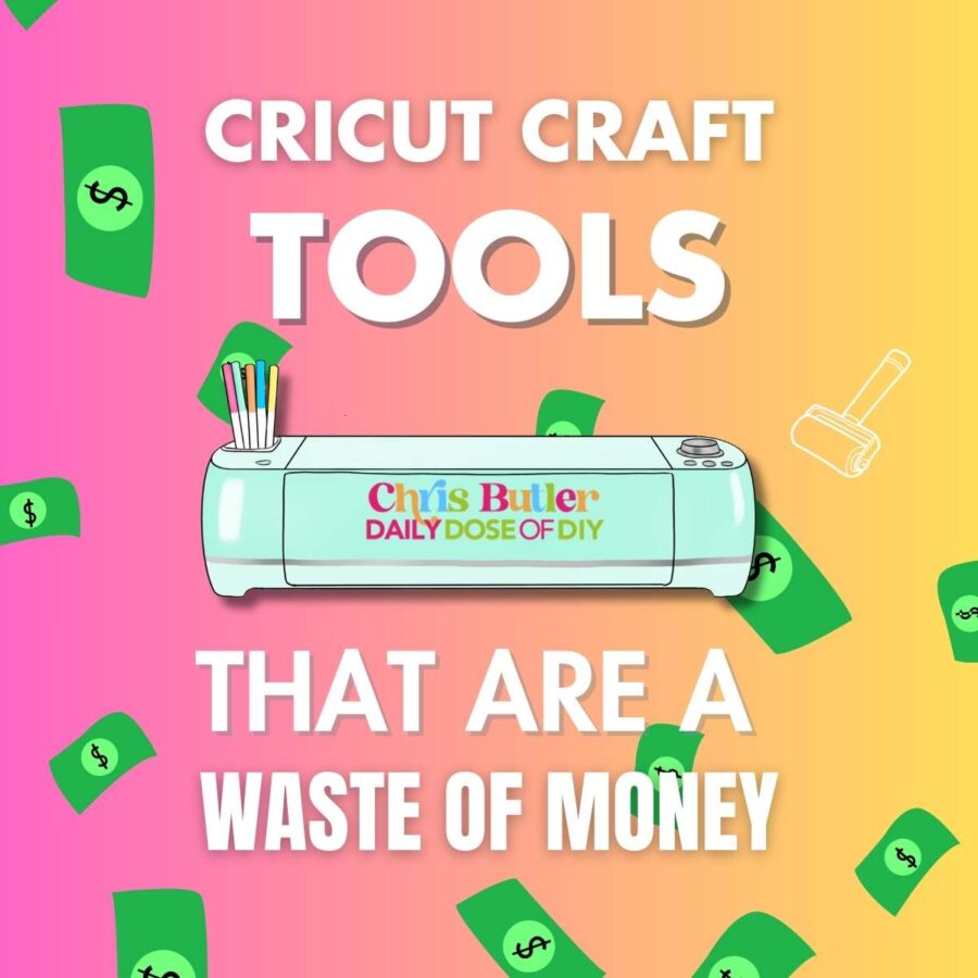 icon of a cricut cutting machine and dollar bills. The text reads Cricut craft tools that are a waste of money
