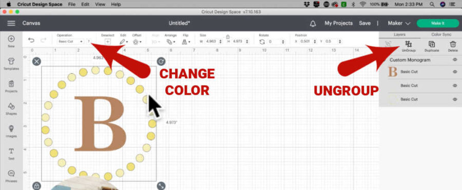 Change the color of your monogram in cricut design space