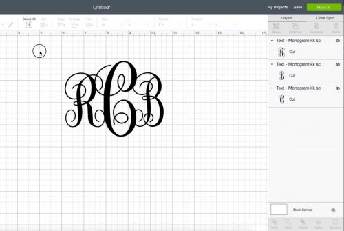 Place your monogram initials close together so they are overlapping in Cricut design space