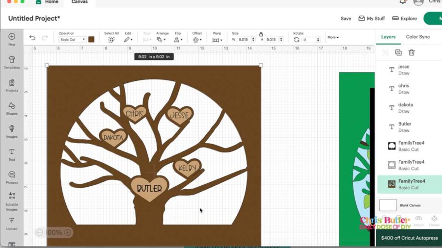 image of the family tree isvg file in cricut design space checking the alignment of the names 