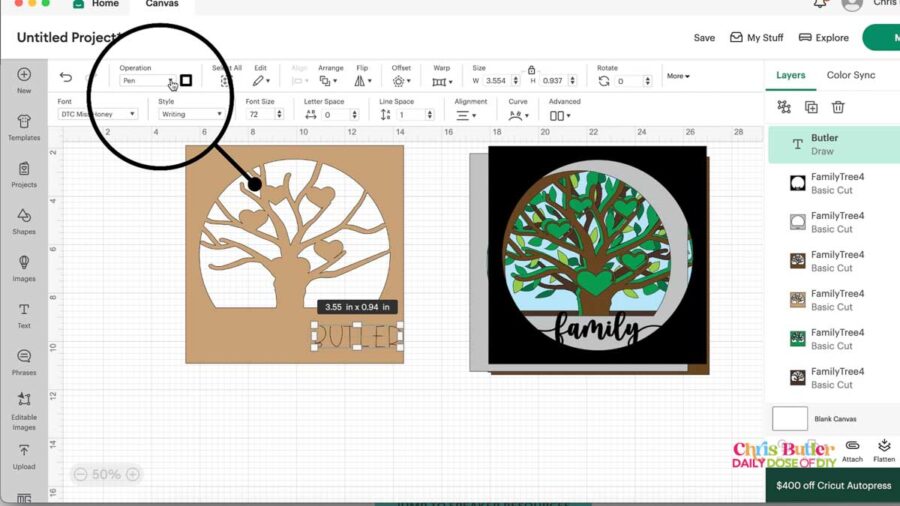 image of adding faminly names to the family tree in Cricut Design Space 