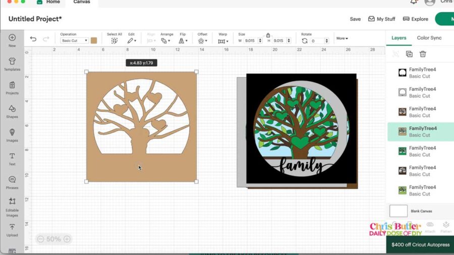 Image of family tree SVG file in Cricut design space 