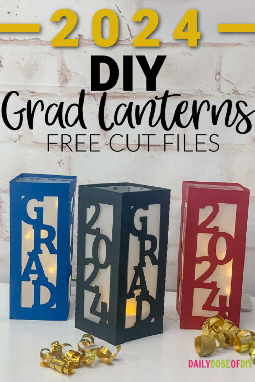 GRADUATION LANTERNS for table decor for 2024. Paper graduation Lantern says Grad on one side and 2024 on the other side. Cut in blue, black and red cardstock