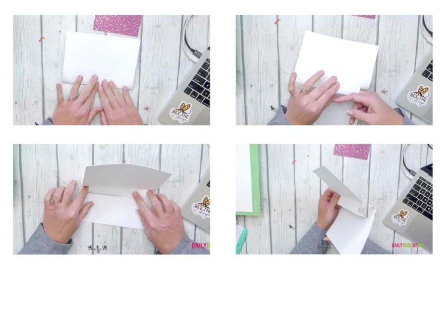 4 images of folding white cardstock into the pop up insert for the heart card