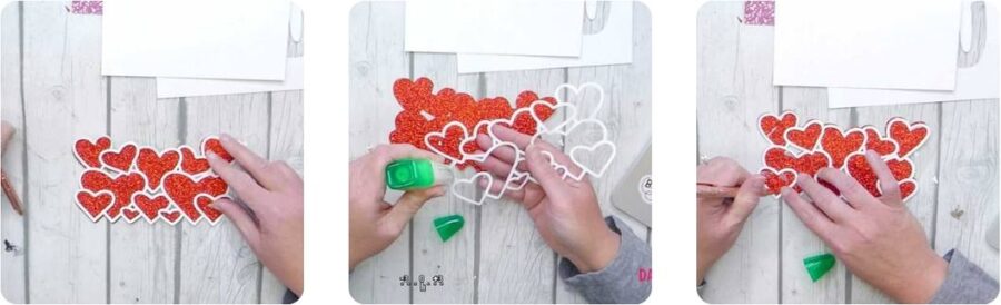 3 images of glueing a white heart cut out outline onto the red glitter hearts 