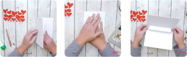3 images showing add ing the pop up insert to the heart card 