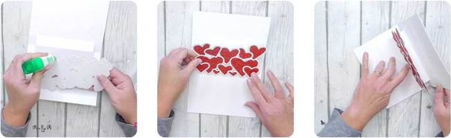 3 images showing adding the red glitter hearts to the card so that they will pop up when opened. 
