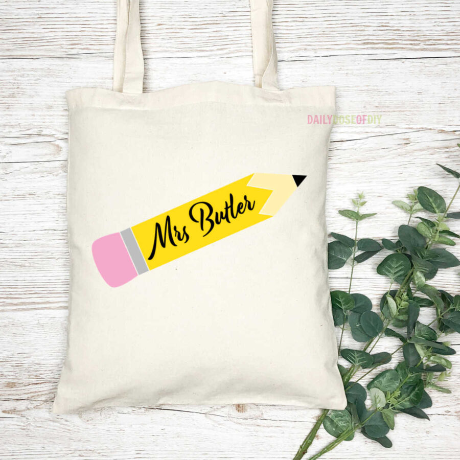 personalized pencil SVG on a teachers bag
