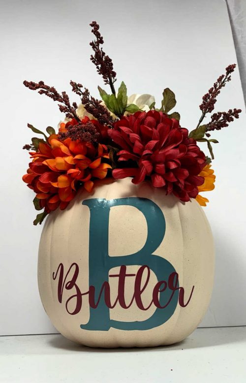 Personalized Pumpkin with flowers for a Fall centerpiece