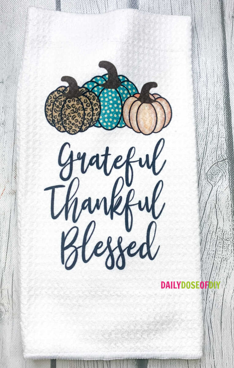 Waffle weave microfiber tea towel with grateful thankful blessed sublimation design. 