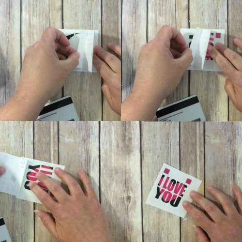 Removeing the vinyl backing to allow the layers of the knockout design to go into place.