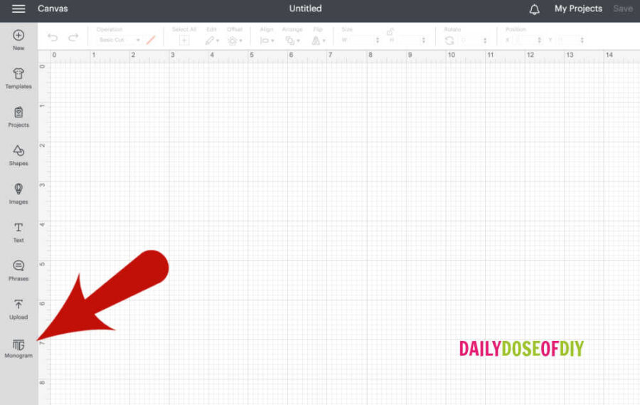 Select the Monogram icon on the left menu is Cricut Design Space