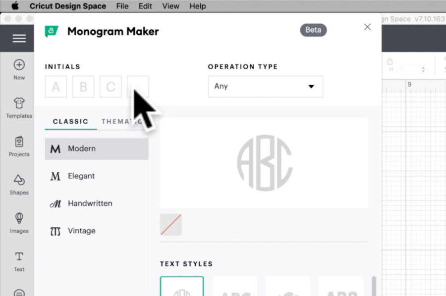 Text boxes to put your monogram initials in Cricuts monogram maker