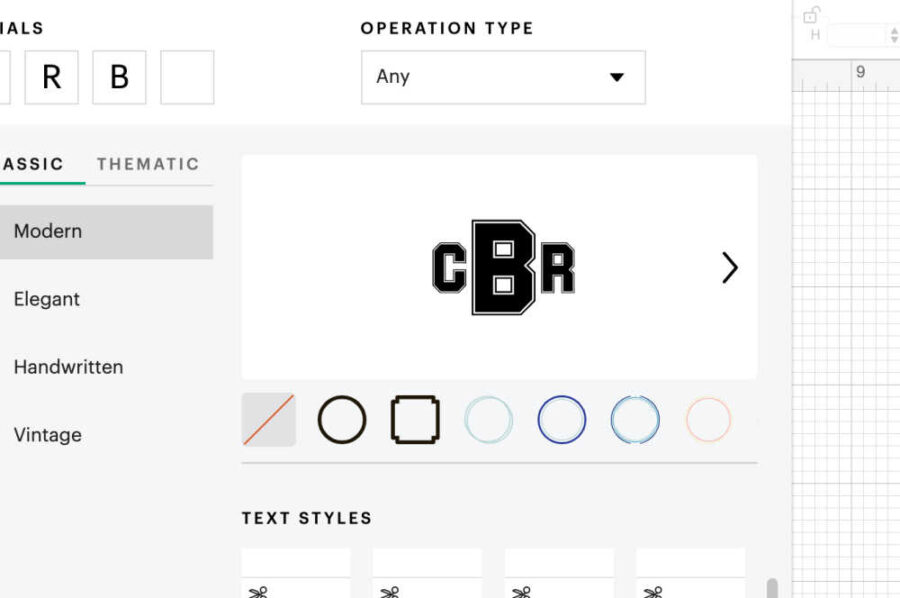 Various frame options to frame your monogram in Cricuts monogram maker