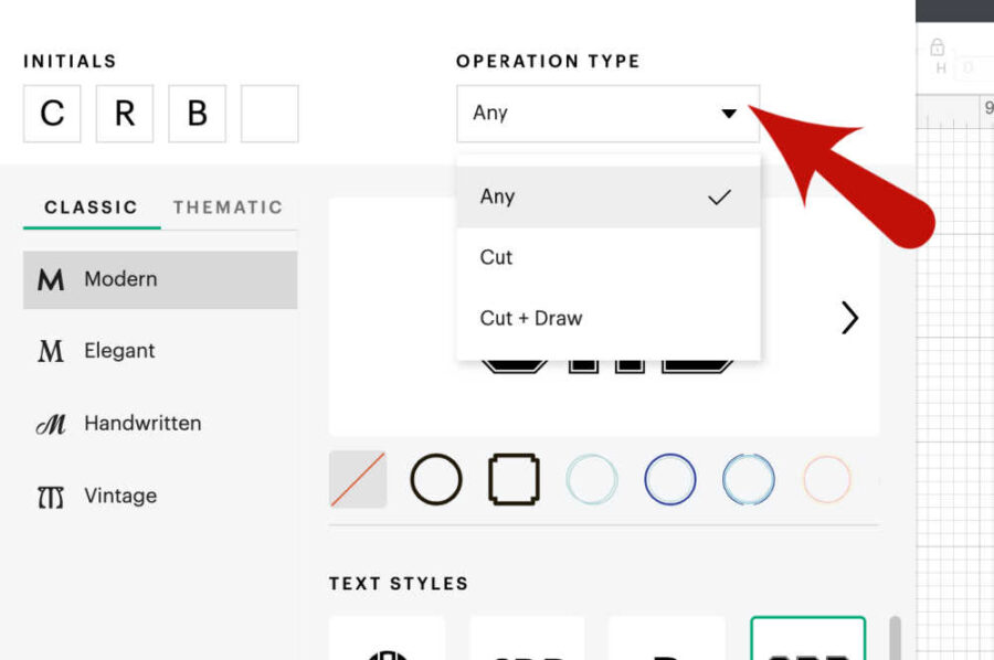 Choose the operation of cut or draw in Cricuts monogram maker