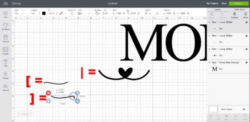Use the bracket keys to make the hearts and swirls with I love glitter font