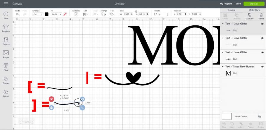 Use the bracket keys to make the hearts and swirls with I love glitter font