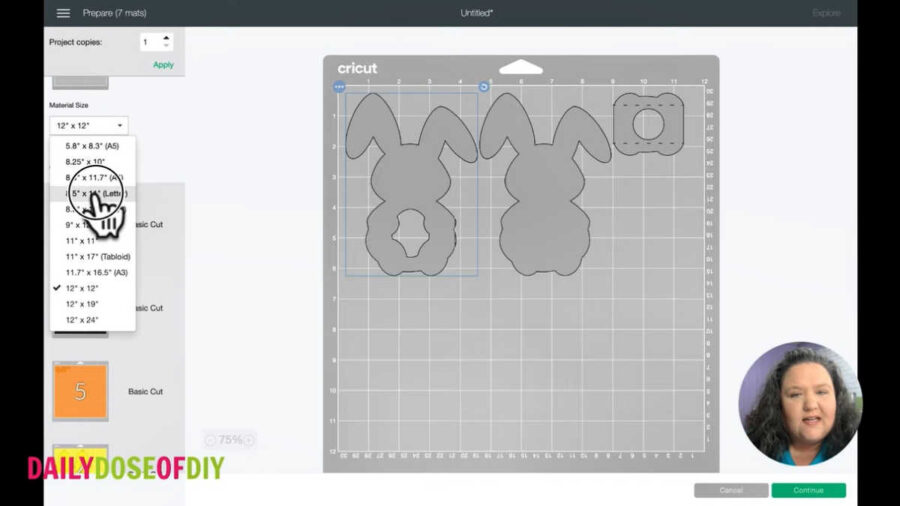 changing the material size on the mat screen of cricut design space