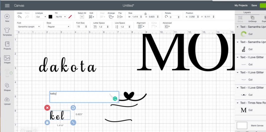 Separate lines of text in design space to make your mom shirt with Cricut