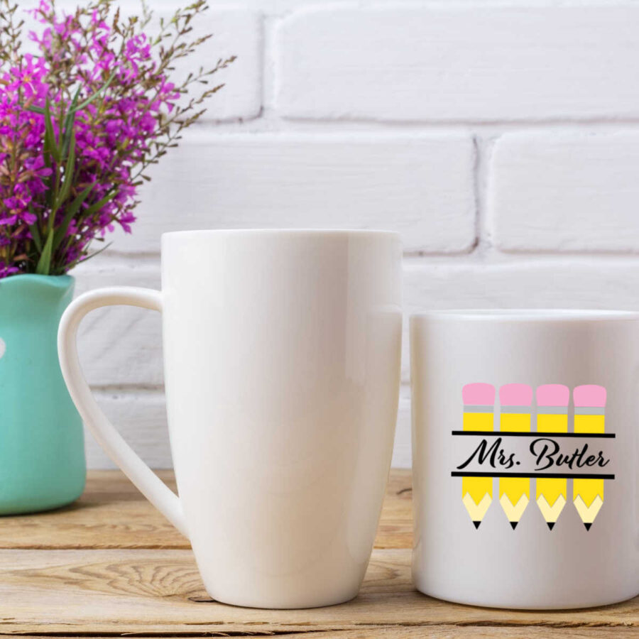 Personalized pencil SVG on a white coffee mug
