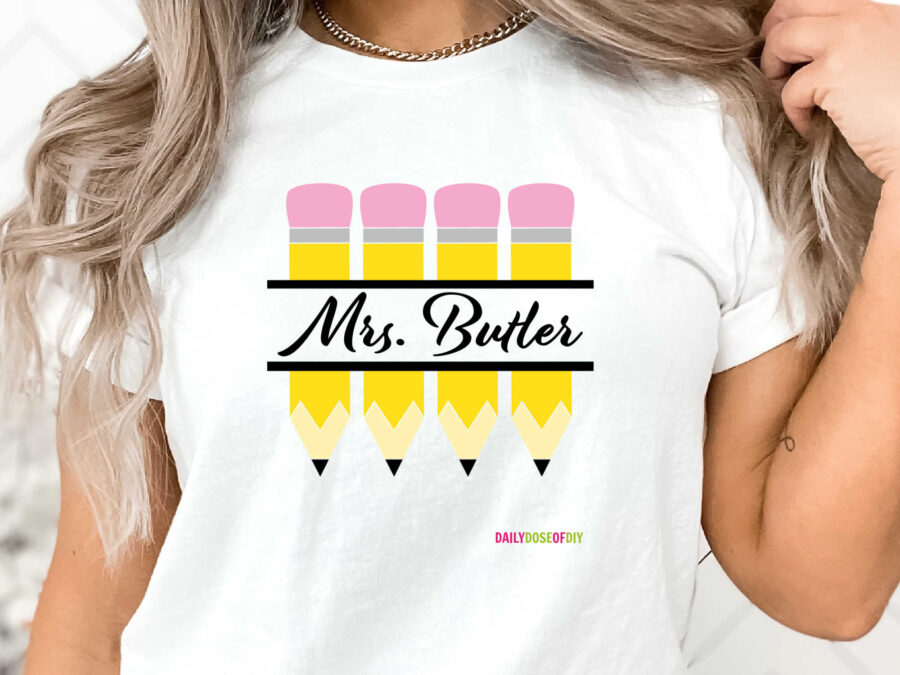 Teacher wearing a shirt with personalized pencil SVG