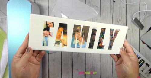 Place pitures in letters and cut them with your Cricut
