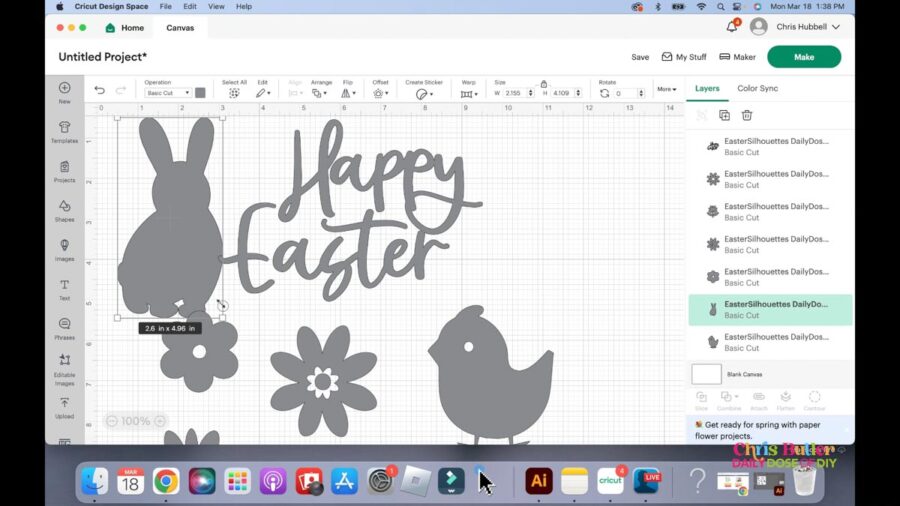 photo of the easter SVG bundle in Cricut Design Space.  picutred a rabbit silhouette, chick silhouette and several flowers 