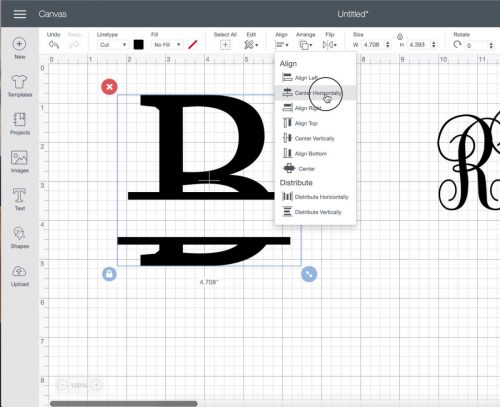 center the lines of your split level monogram in cricut design space