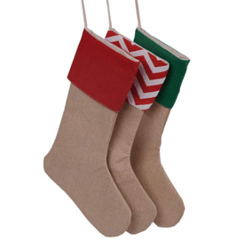 Burlap stocking with colored cuffs for Christmas crafts