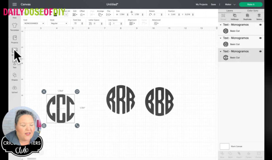 3 separate monogram circles in design space for monogram studded tumblers