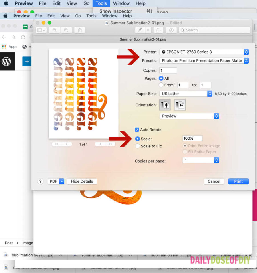 Set the printer presets to matte paper and scale at 100% for sublimation printing. 
