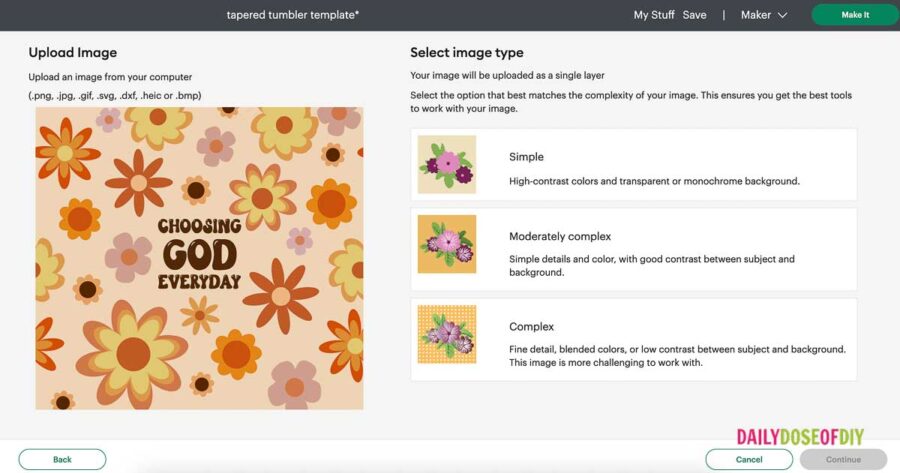 Uploading a PNG image to make a template for sublimation.  The image has the words "Choosing God everyday" with. alight peach background and retro flowers in gold, orange, purple and yellow. 