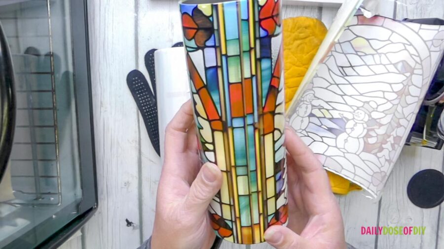showing a stained glass sublimated tumbler that does not have seam lines or ghosting 