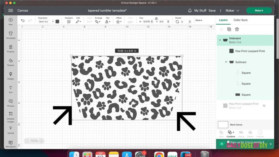the final image template in Cricut Design Space made up of cheetah print and paw prints that will fit a tapered tumbler 