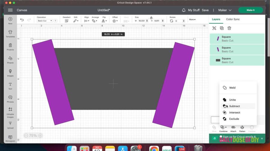 Two purple rectangles lined up over a grey rectangle in cricut design space to make a tapered tumbler template