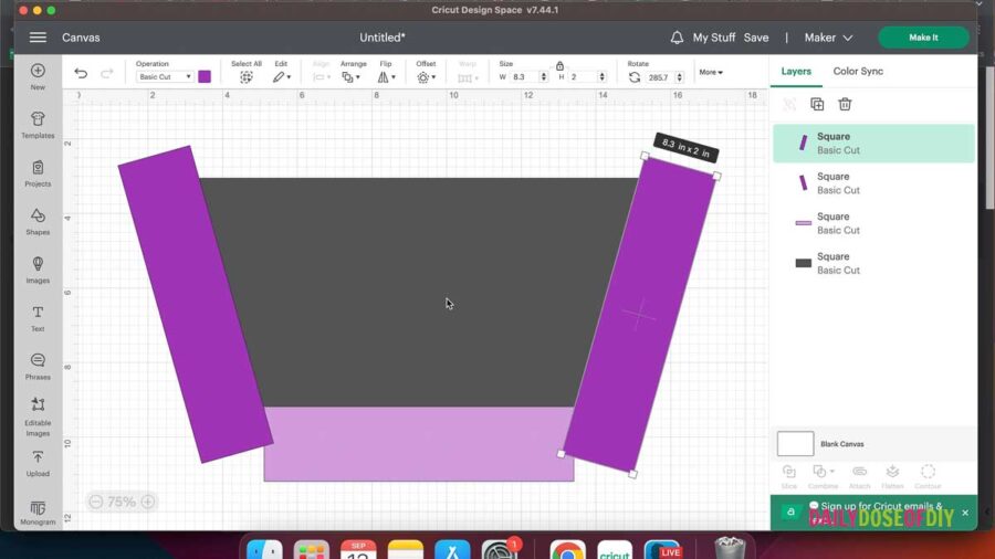 Four rectangles in Cricut Design Space we're using to make a tapered tumbler template 