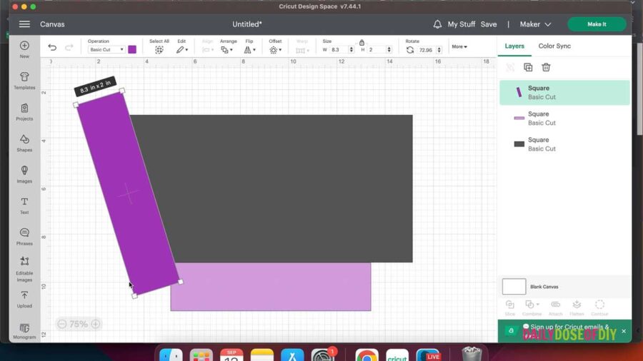 3 Differnet colored rectangles in Cricut design space we're using to make a tapered tumbler template