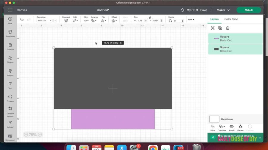 Two different colored rectangles in Cricut Design space to make a template for tapered tumblers