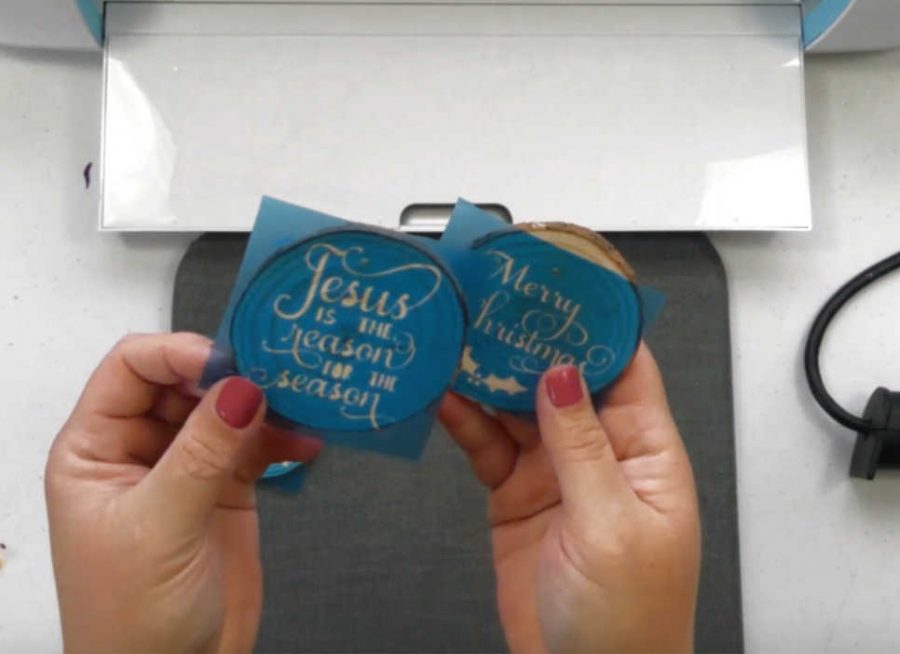 stencil on wood slice ornaments